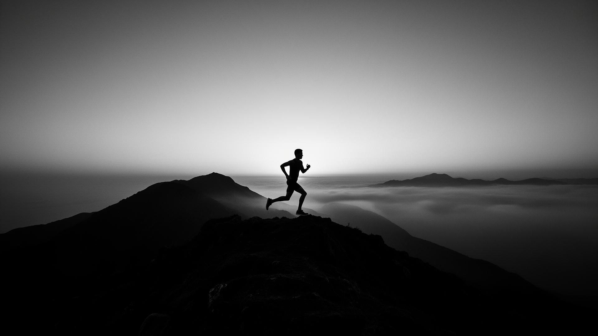Athlete running at dawn on a mountain ridge